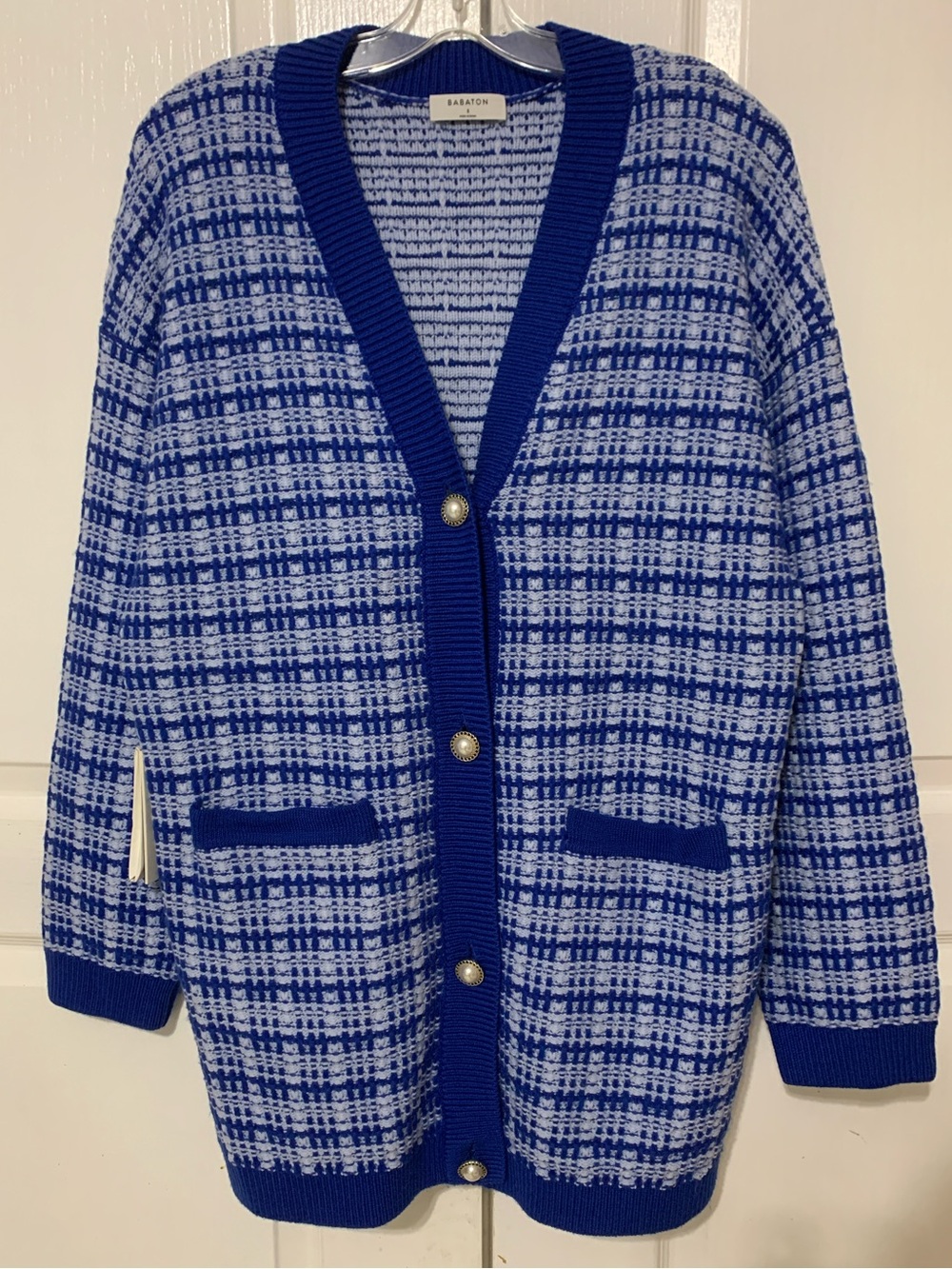 Babaton Blue and White Check Cardigan with Royal Trim